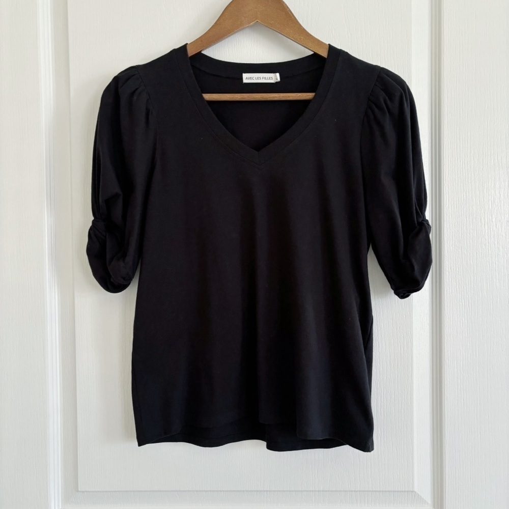 Avec Les Filles Black Puff Sleeve Top Small Minimalist